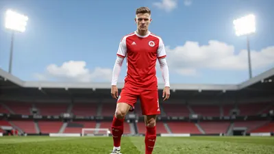 A photorealistic image of an anonymous FC Midtjylland player in a red and white jersey, with a white and red striped...